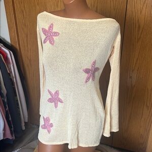 Cream Long-Sleeve Sweater with Pink Starfish Appliqués